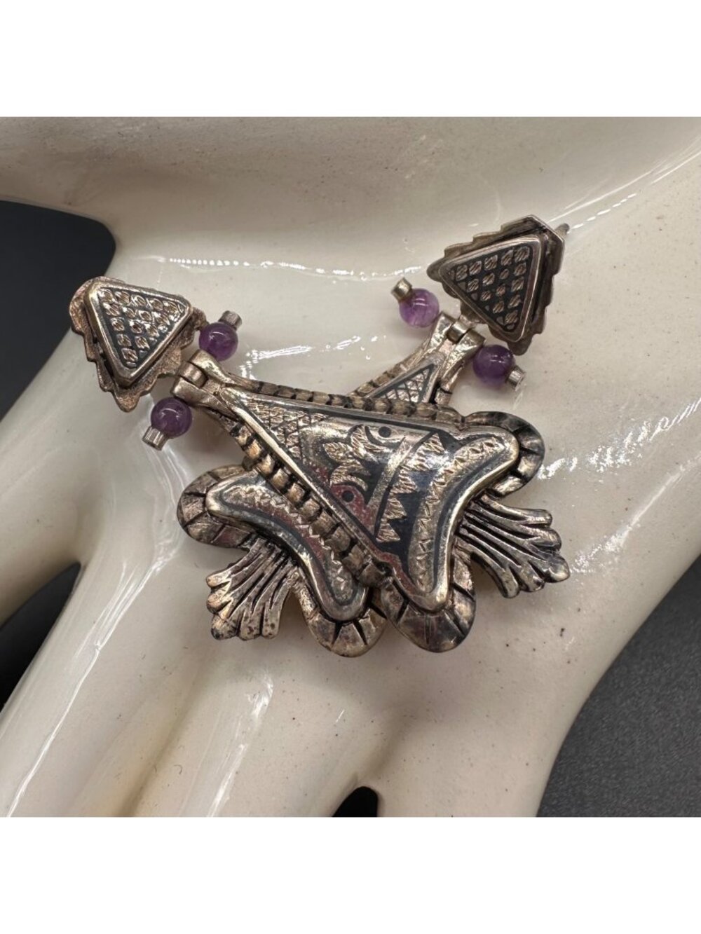 Vintage Sterling Silver Damascene Dangle Drop Earrings Amethyst Beads Spain